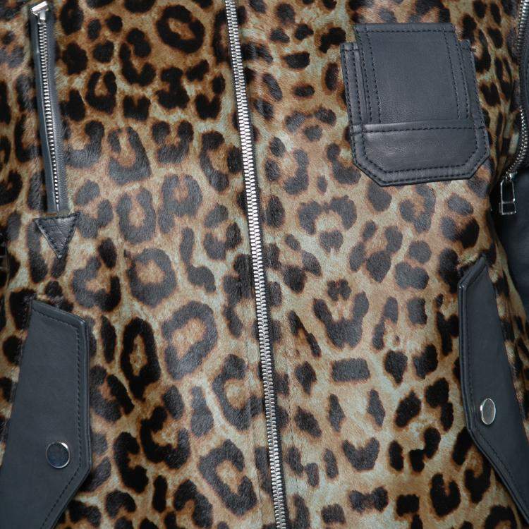 Pre Owned Faith Connexion Khaki and Navy Cheetah Print Detachable Sleeve Detail Moto Jacket XS