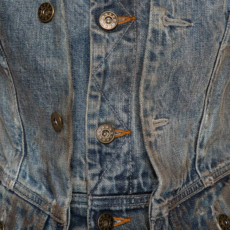 Pre Owned Faith Connexion Blue Denim Muddy Distressed Victorian Jacket XXS