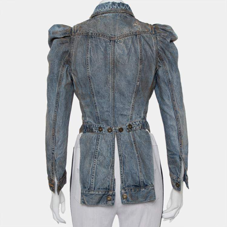 Pre Owned Faith Connexion Blue Denim Muddy Distressed Victorian Jacket XXS