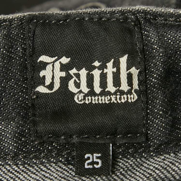 Pre Owned Faith Connexion Black Studded Denim Distressed Jeans S Waist 25"