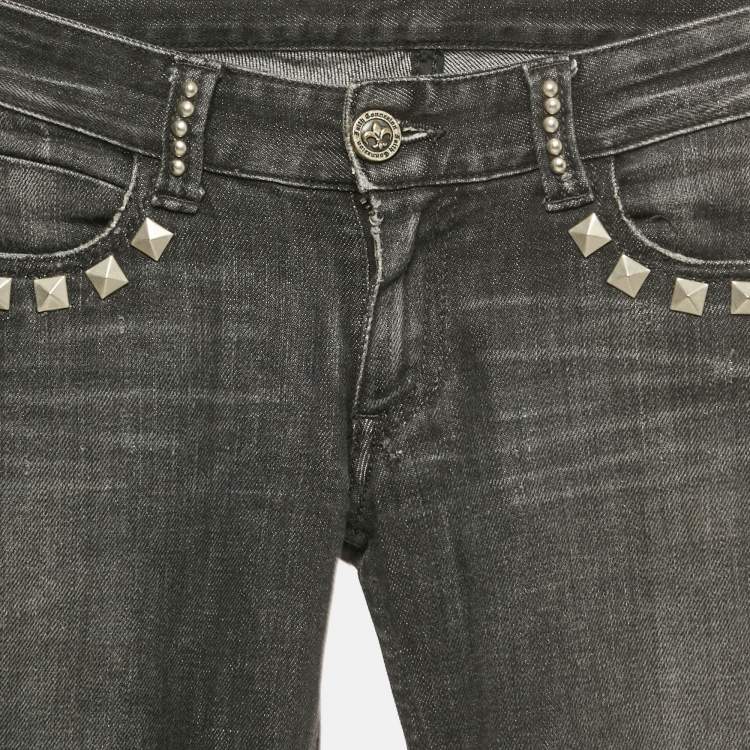 Pre Owned Faith Connexion Black Studded Denim Distressed Jeans S Waist 25"