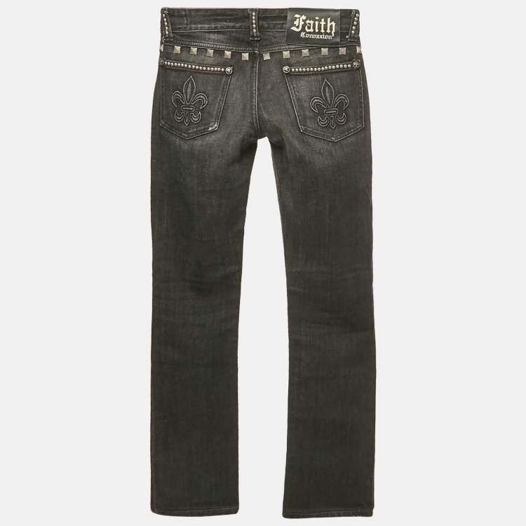Pre Owned Faith Connexion Black Studded Denim Distressed Jeans S Waist 25"