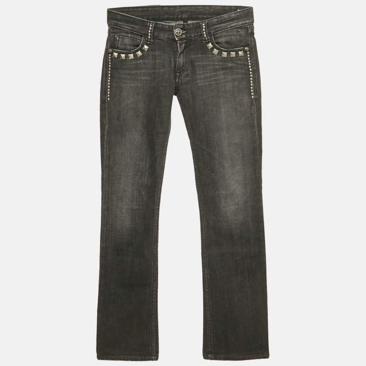 Pre Owned Faith Connexion Black Studded Denim Distressed Jeans S Waist 25"