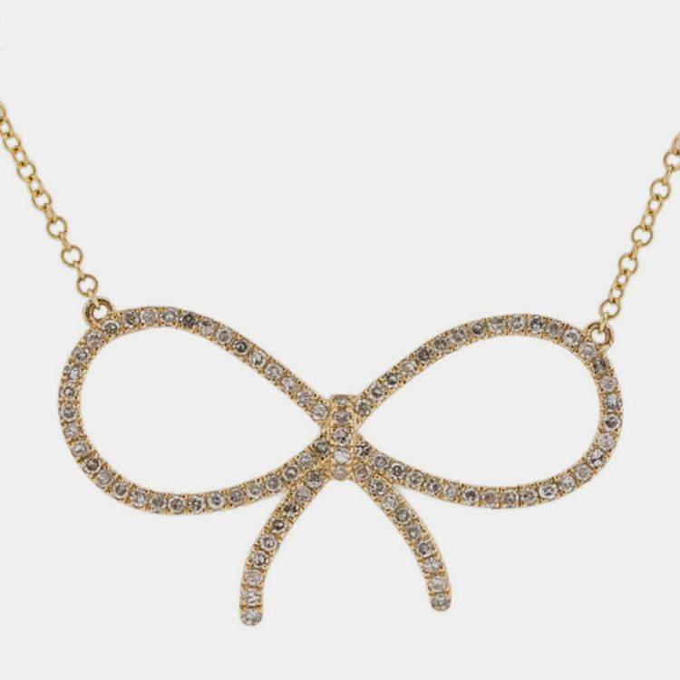 Pre Owned 14K Yellow Gold Lab Grown Diamond Bow Necklace