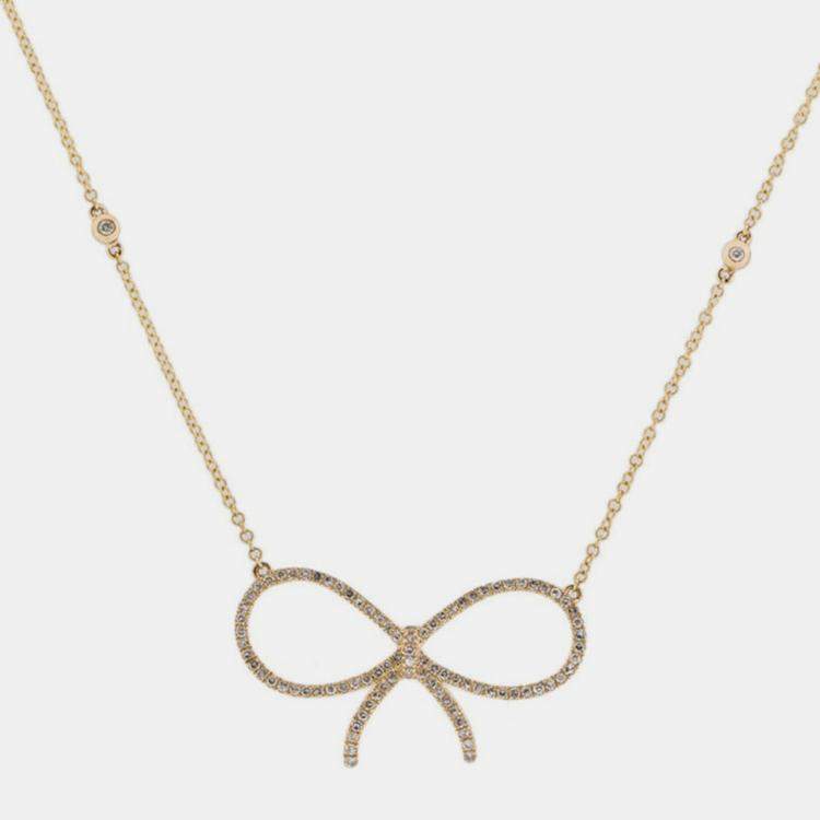 Pre Owned 14K Yellow Gold Lab Grown Diamond Bow Necklace