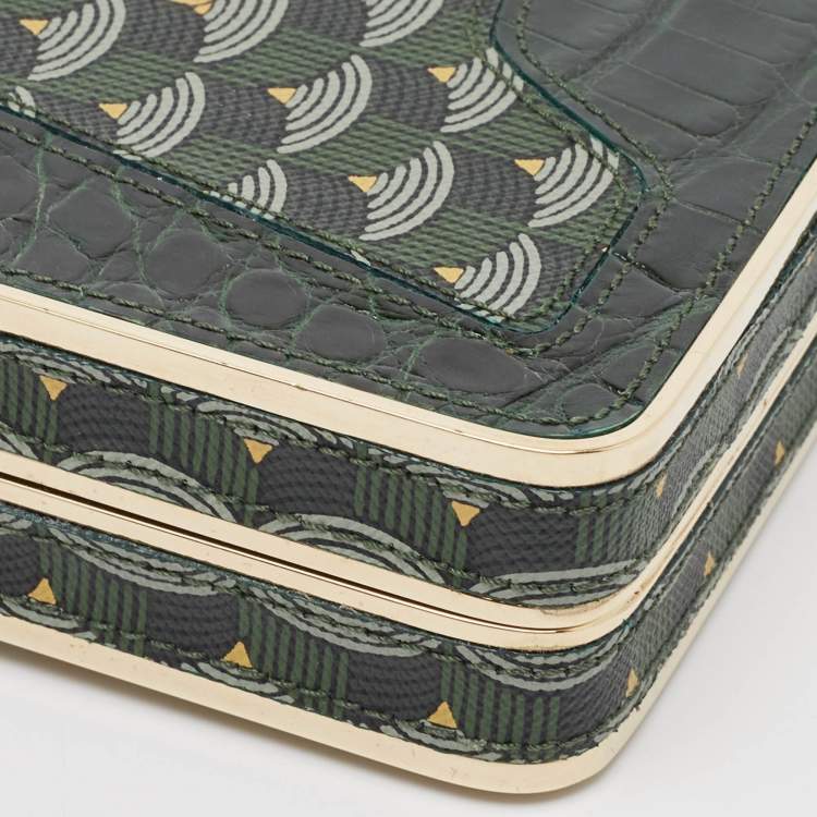 Pre Owned Faure Le Page Green Coated Canvas and Croc Embossed Leather Chain Clutch