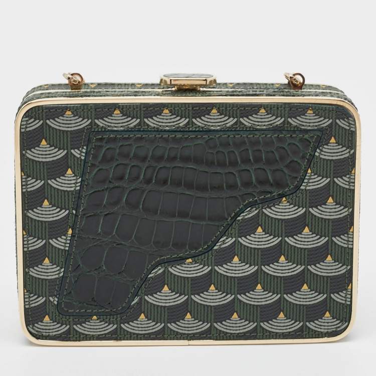 Pre Owned Faure Le Page Green Coated Canvas and Croc Embossed Leather Chain Clutch