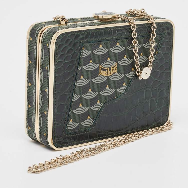 Pre Owned Faure Le Page Green Coated Canvas and Croc Embossed Leather Chain Clutch