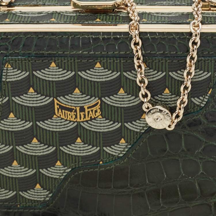 Pre Owned Faure Le Page Green Coated Canvas and Croc Embossed Leather Chain Clutch