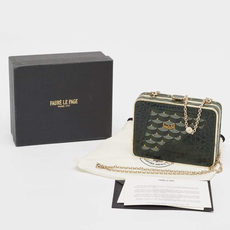 Pre Owned Faure Le Page Green Coated Canvas and Croc Embossed Leather Chain Clutch