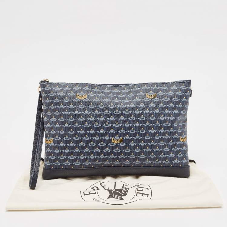 Pre Owned Faure Le Page Navy Blue Coated Canvas and Leather Wristlet Clutch