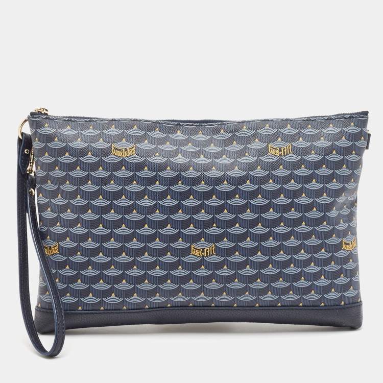 Pre Owned Faure Le Page Navy Blue Coated Canvas and Leather Wristlet Clutch