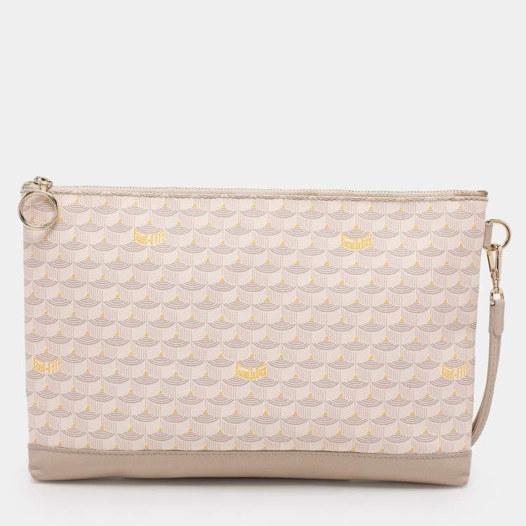Pre Owned Faure Le Page Beige/Grey Coated Canvas and Leather Wristlet Pouch