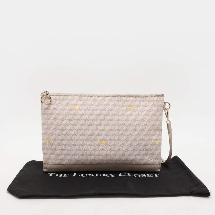 Pre Owned Faure Le Page Beige/Grey Coated Canvas and Leather Wristlet Pouch