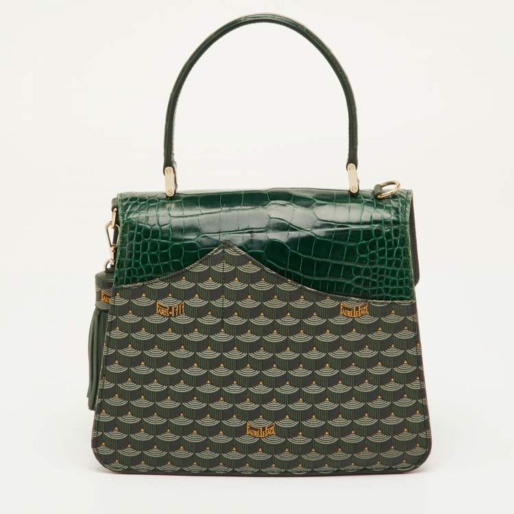 مملوكة مسبقًا Faure Le Page Parade Green Coated Canvas and Alligator Top Handle Bag