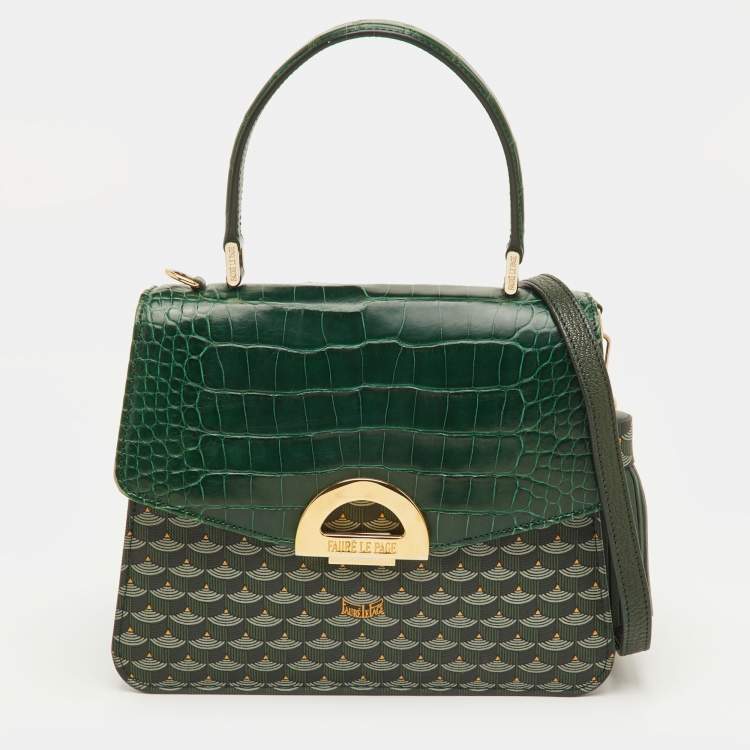 مملوكة مسبقًا Faure Le Page Parade Green Coated Canvas and Alligator Top Handle Bag