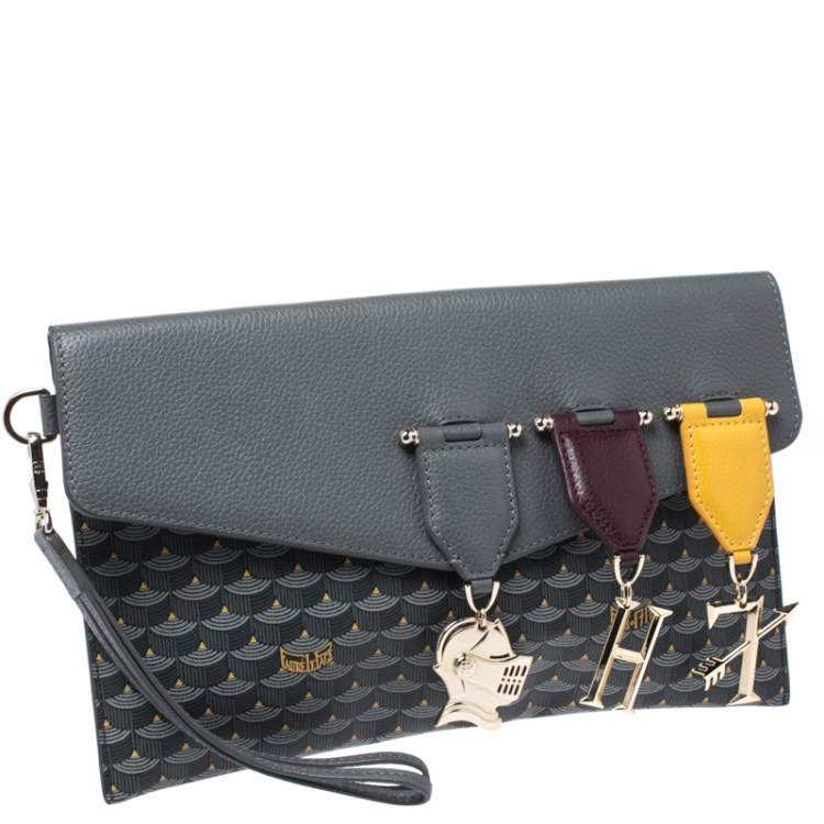 Pre Owned Faure Le Page Grey Leather and Canvas Envelope Triomphe Clutch