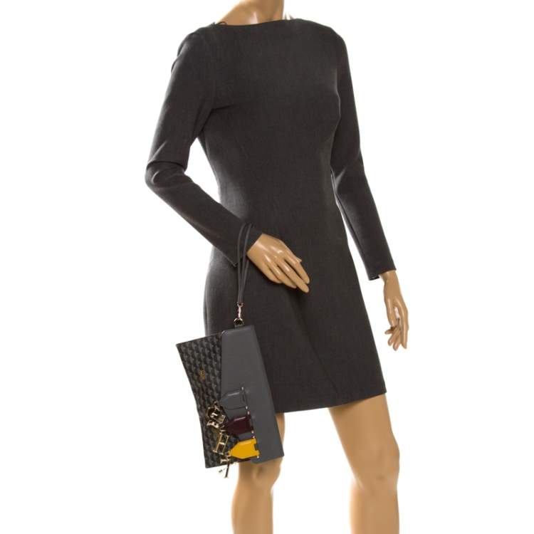Pre Owned Faure Le Page Grey Leather and Canvas Envelope Triomphe Clutch