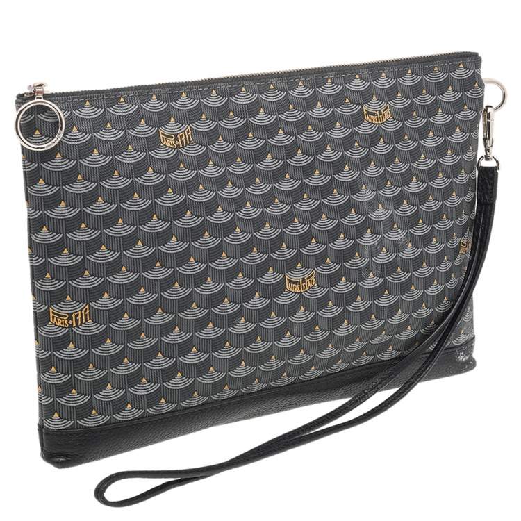Pre Owned Fauré Le Page Black/Grey Coated Canvas And Leather Wristlet Clutch