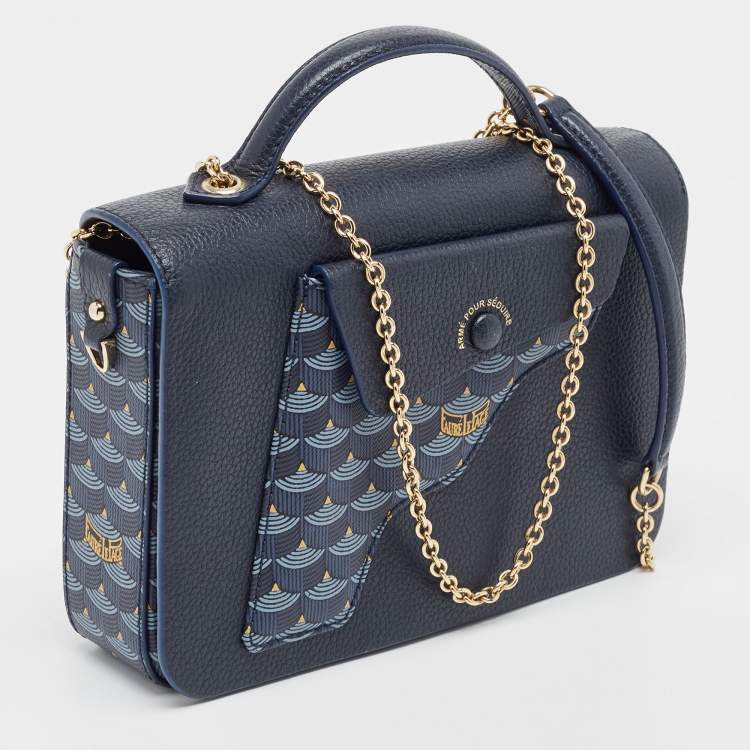 Pre Owned Fauré Le Page Navy Blue Leather and Coated Canvas Calibre 21 Top Handle Bag