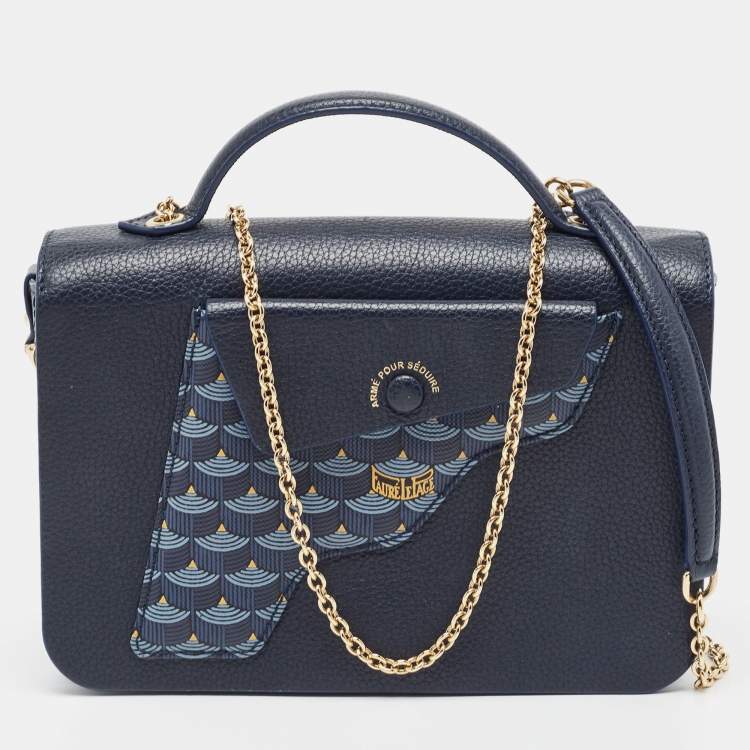 Pre Owned Fauré Le Page Navy Blue Leather and Coated Canvas Calibre 21 Top Handle Bag