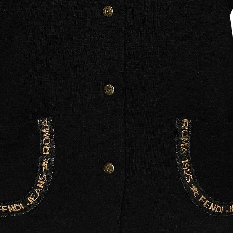 Pre Owned Fendi Jeans Black Wool Knit Logo Trim Detail Button Front Cardigan L