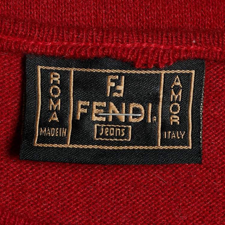 Pre Owned Fendi Jeans Vintage Red Wool Knit Back Tie Detail Top L