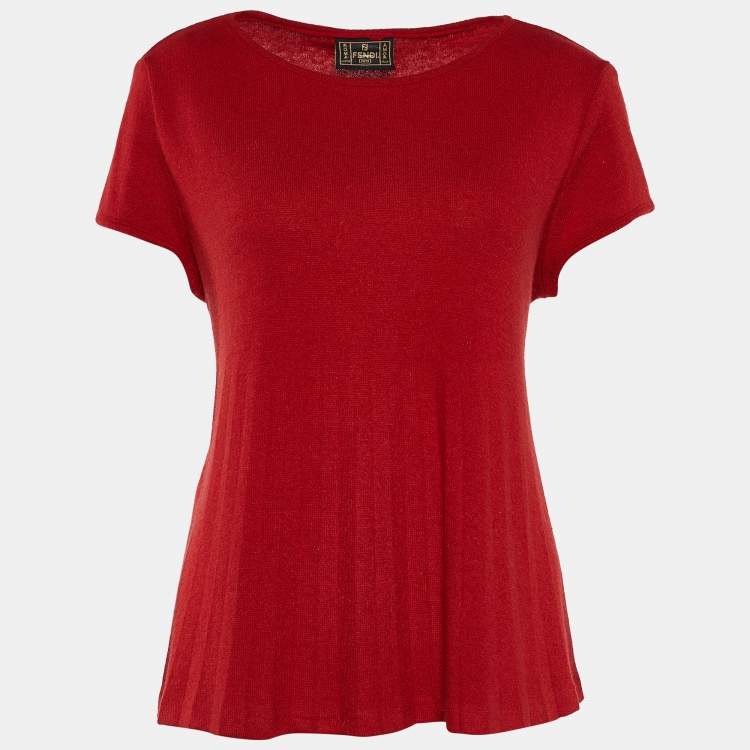 Pre Owned Fendi Jeans Vintage Red Wool Knit Back Tie Detail Top L