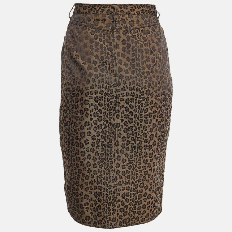 Pre Owned Fendi Jeans Vintage Brown Leopard Patterned Jacquard Midi Skirt L