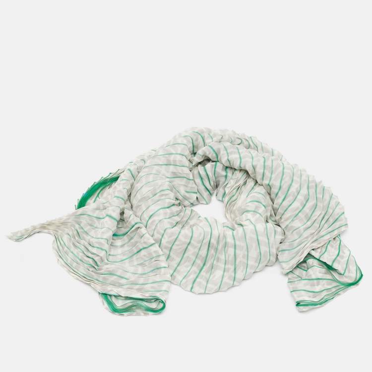 Pre Owned Fendi Grey/Green Stripe Zucca Print Satin Plisse Stole 