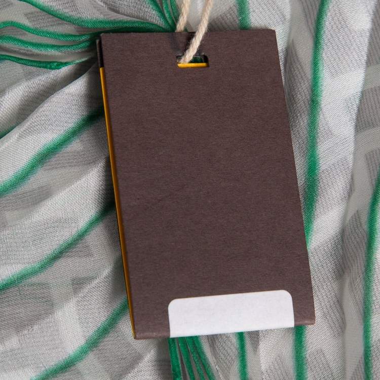 Pre Owned Fendi Grey/Green Stripe Zucca Print Satin Plisse Stole 
