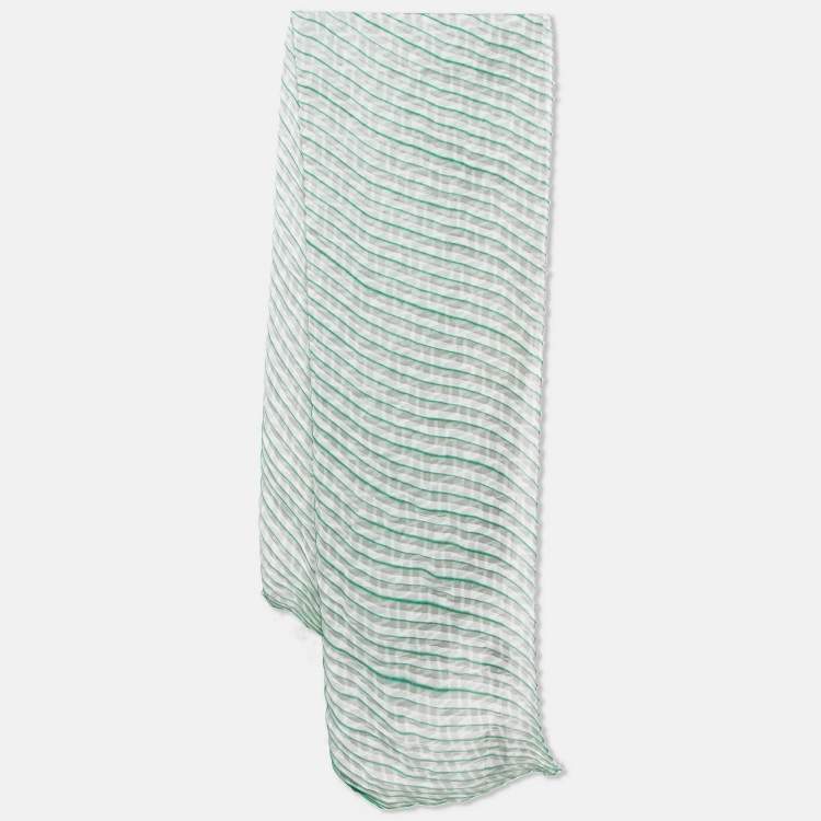 Pre Owned Fendi Grey/Green Stripe Zucca Print Satin Plisse Stole 