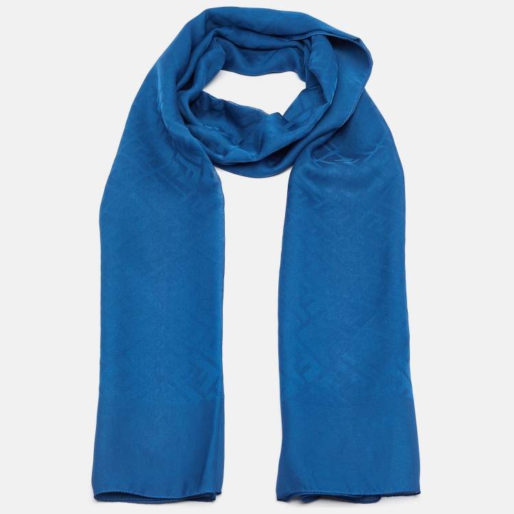 Pre Owned Fendi Blue Zucca Jacquard Crepe Silk Stole 