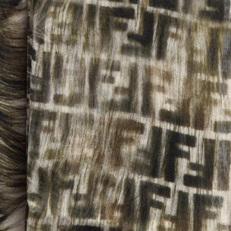 Pre Owned Fendi Green Fur and Zucca Print Silk Stole 