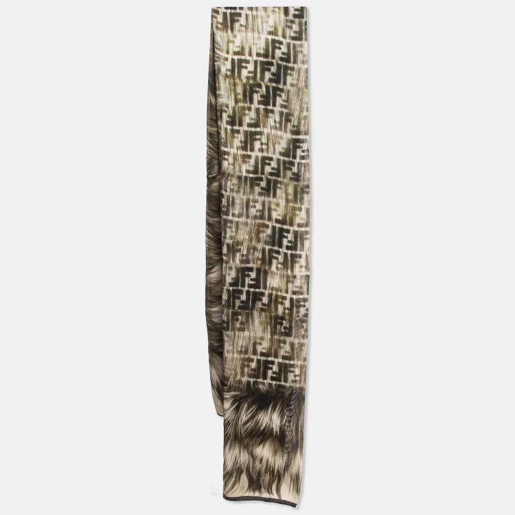 Pre Owned Fendi Green Fur and Zucca Print Silk Stole 