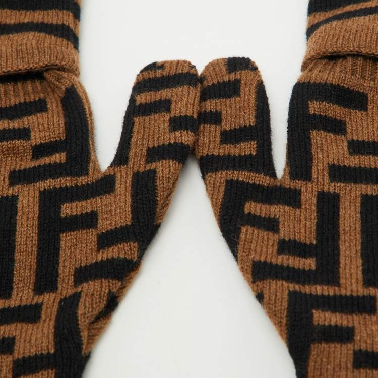 Pre Owned Fendi Brown FF Logo Cashmere & Wool Knit Mittens