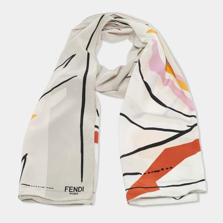 Pre Owned Fendi Grey Printed Silk Shawl 