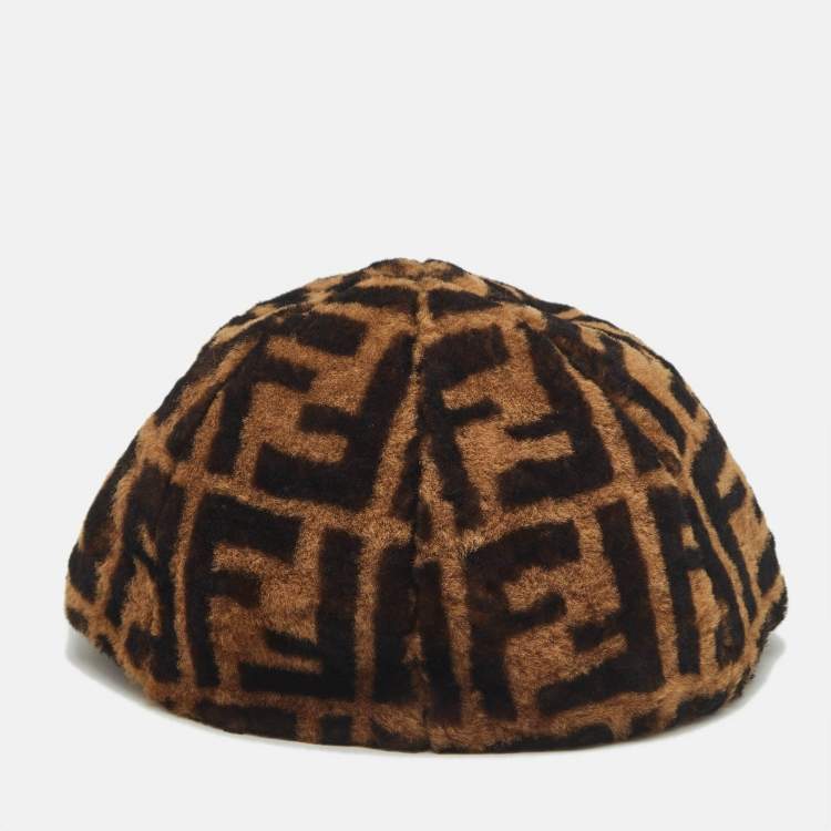 Pre Owned Fendi Brown Zucca Shearling Baseball Cap M