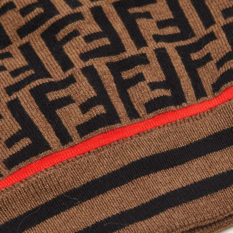 Pre Owned Fendi Brown Zucca Cashmere Knit Beanie