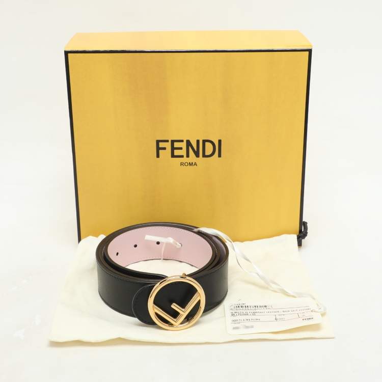 Pre Owned Fendi Black/Pink Leather F Logo Round Reversible Belt