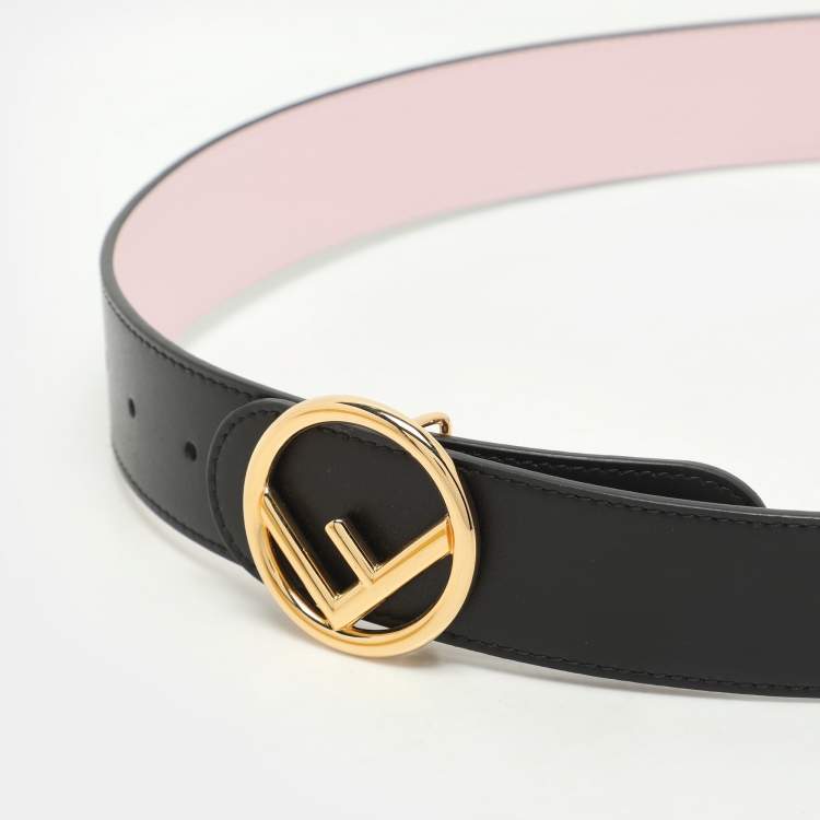 Pre Owned Fendi Black/Pink Leather F Logo Round Reversible Belt