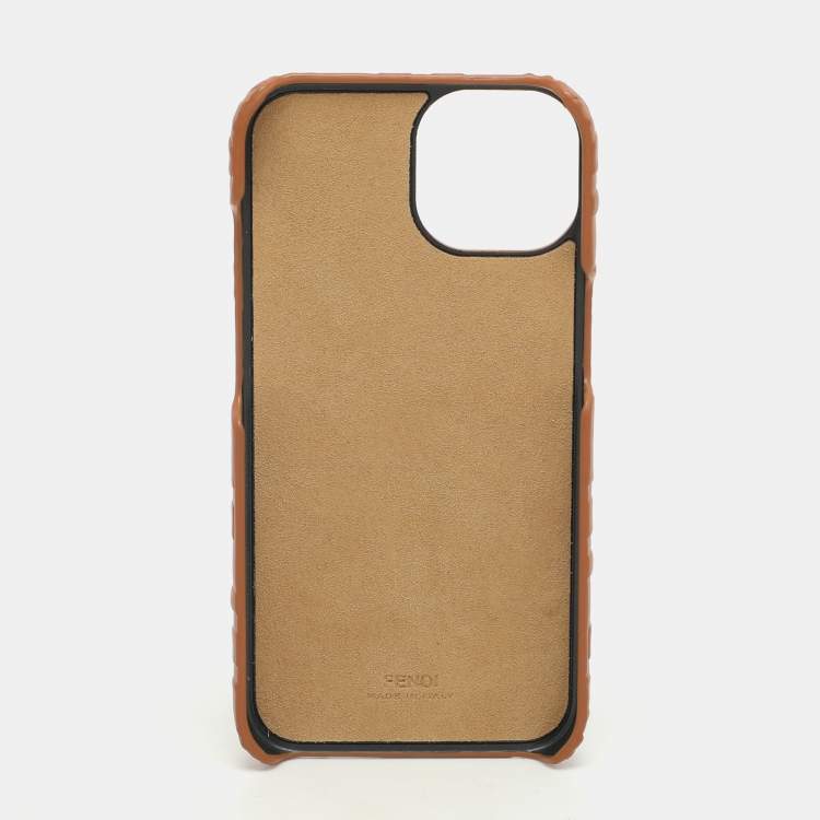 Pre Owned Fendi Brown FF Leather iPhone 14 Phone Case