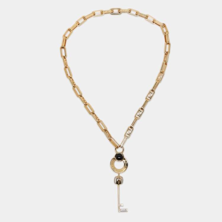 Pre Owned Fendi Gold Tone Metal Crystal Master Key Necklace
