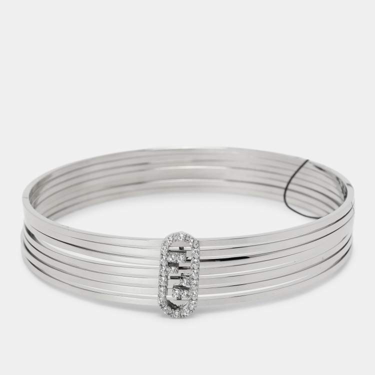 Pre Owned Fendi Palladium Crystal O'Clock Bangle Bracelet