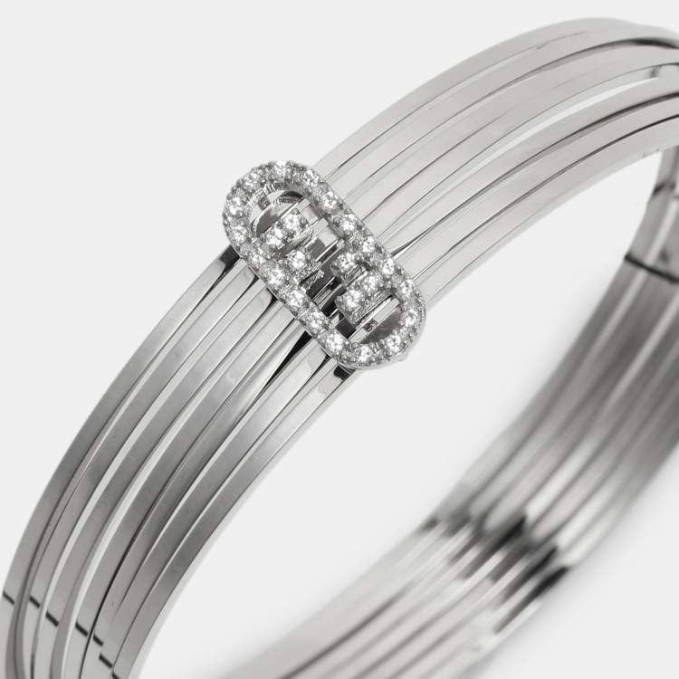Pre Owned Fendi Palladium Crystal O'Clock Bangle Bracelet
