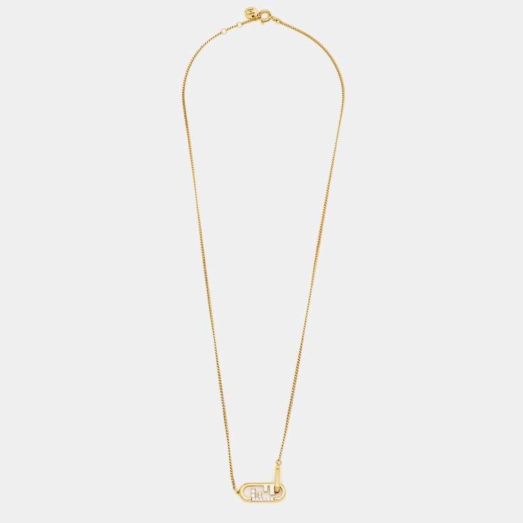 Pre Owned Fendi O'Lock Crystals Gold Tone Necklace 