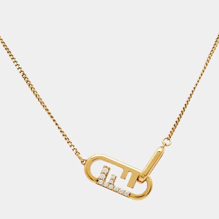 Pre Owned Fendi O'Lock Crystals Gold Tone Necklace 