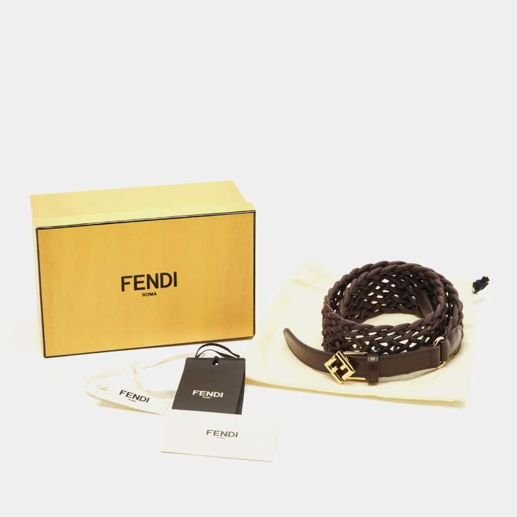 Pre Owned Fendi Buckle Belt Dark Brown Woven Leather