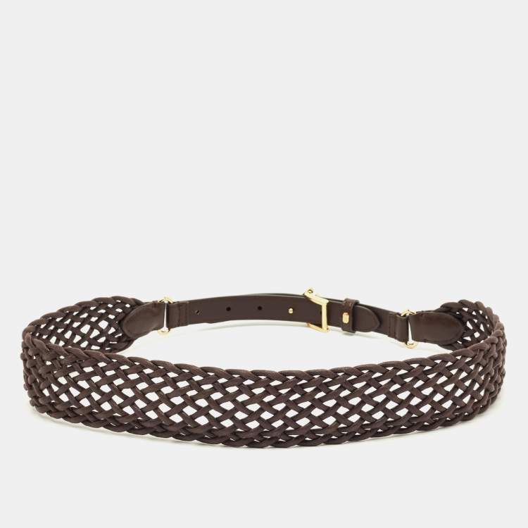 Pre Owned Fendi Buckle Belt Dark Brown Woven Leather