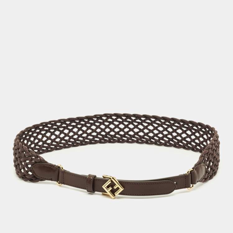 Pre Owned Fendi Buckle Belt Dark Brown Woven Leather